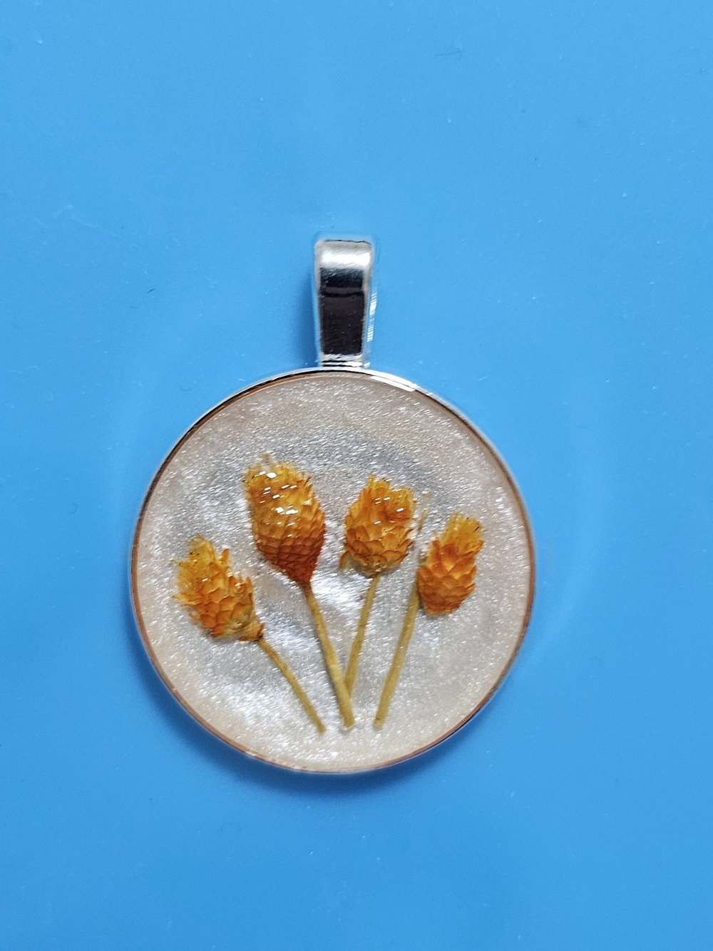 Handmade Resin Pendant with Pressed Orange Flowers